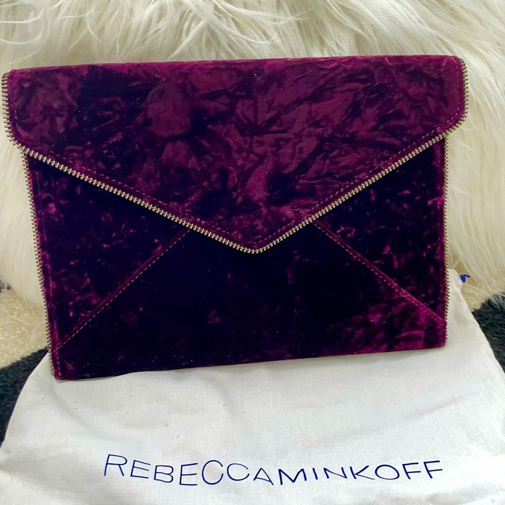 NEW - Rebecca Minkoff envelope clutch crushed velvet maroon with dust bag